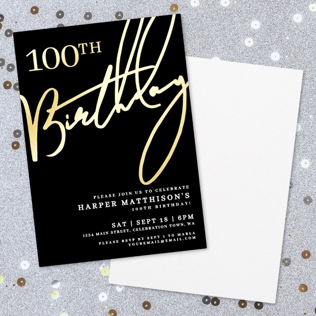 Black 100th Birthday Gold Folieneinladung (Black 100th Birthday Gold Foil Invitation)
