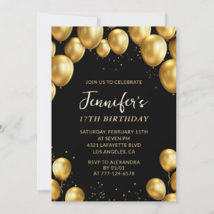 Black 17. Geburtstag Einladungen Balloons Confetti