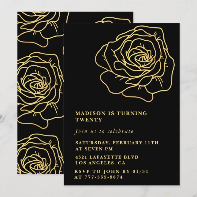 Black 20. Geburtstag Einladungen Gold Floral (Vorne/Hinten)