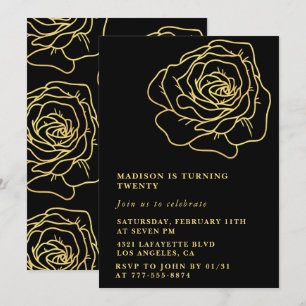 Black 20. Geburtstag Einladungen Gold Floral