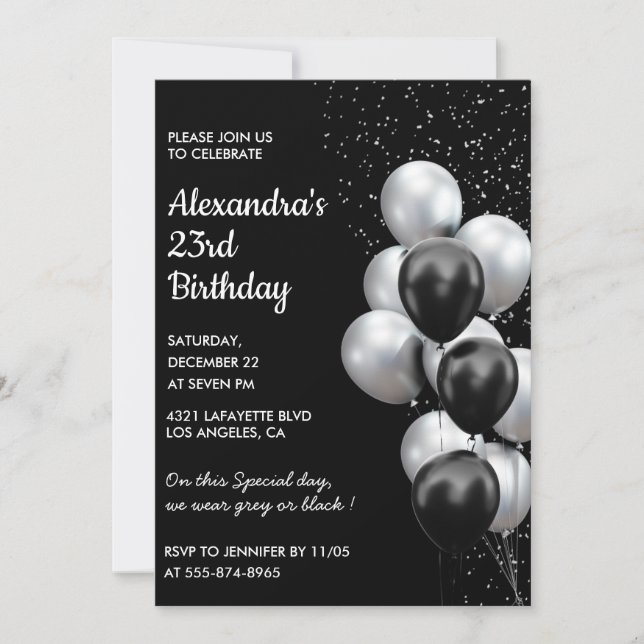 Black 23rd birthday invitations Balloons Silver (Devant)