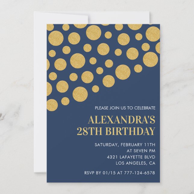 Black 28th birthday invitations Gold Navy  (Devant)