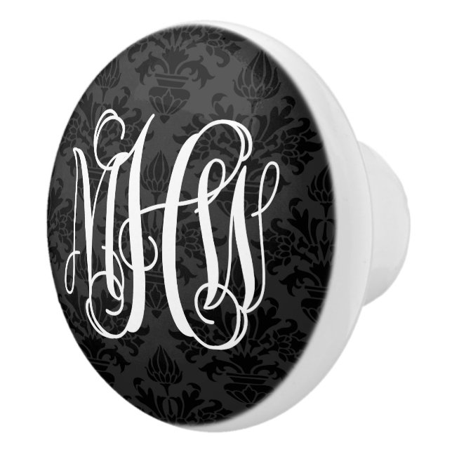 Black 2 Tone Damask #3 Vinci Script Monogram Keramikknauf (Rechts)