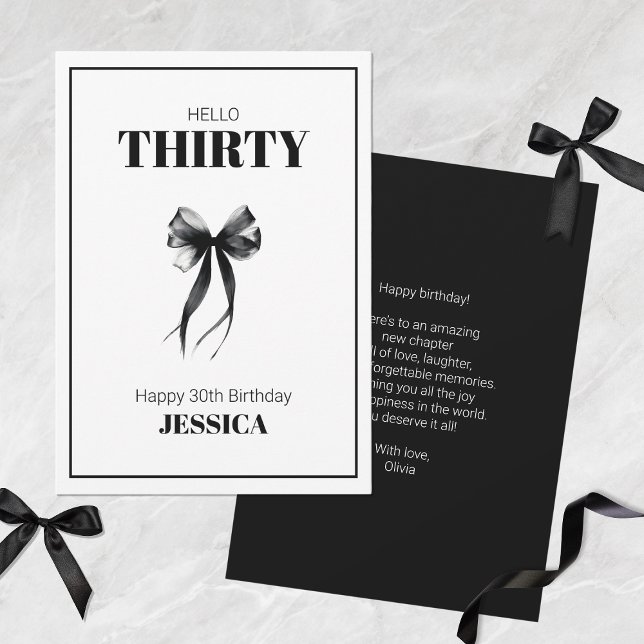 Black 30. Minimalistisch Elegant Bow Happy Birthda Karte (Black 30th Minimalist Elegant Bow Happy Birthday Card)