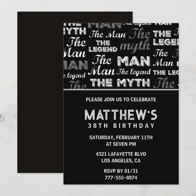 Black 38e anniversaire invitation pour lui Myth Le (Devant / Derrière)