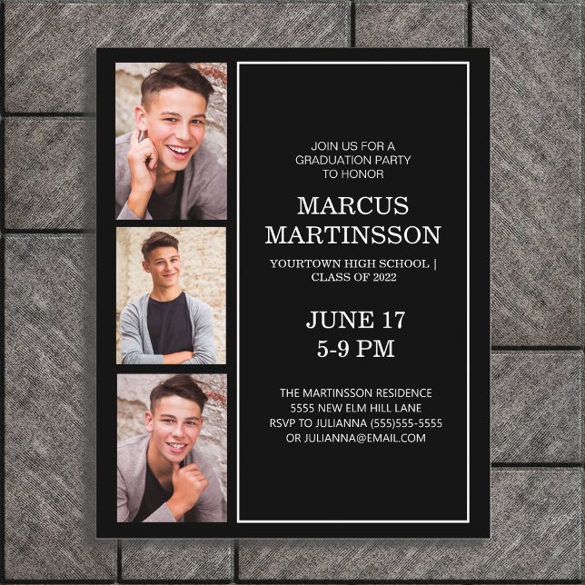 Black 3 Foto Modern Graduation Party BUDGET (Black 3-photo graduation party invitation for him)