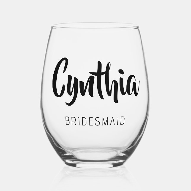 Black 3D Modern Name Bridesmaid Weinglas Ohne Stiel (Vorderseite)