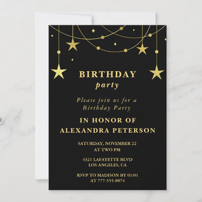 Black 49e anniversaire invitation Gold Stars (Devant)