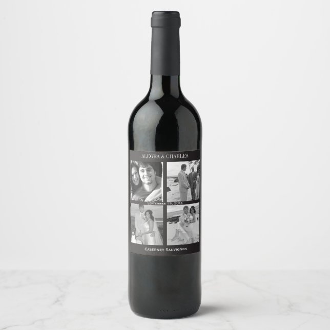 Black 4 Foto Collage Wedding Wine Label Weinetikett (Vorderseite)