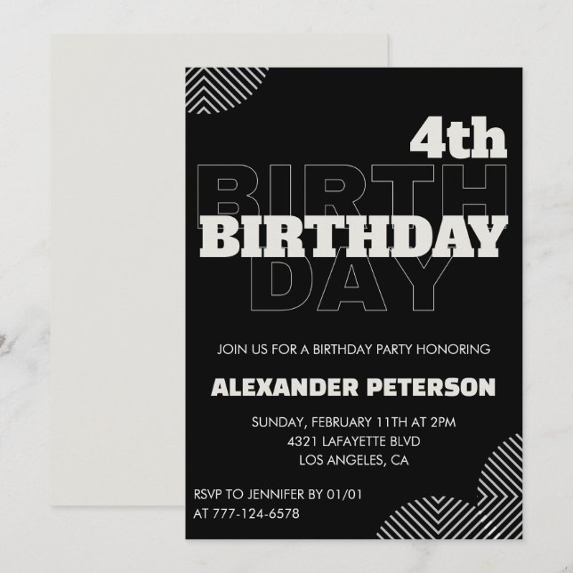 Black 4. Geburtstag Einladungen Party Boy (Vorne/Hinten)
