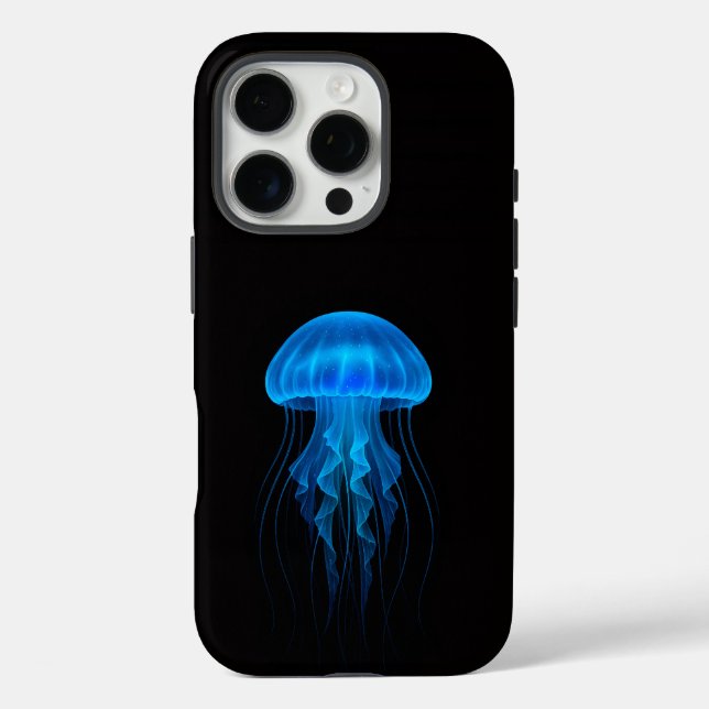 Black 4 Luxe iPhone 16 Pro, Neon Blue Jellyfish Pro Hülle (Rückseite)