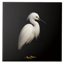 Black 4 Luxe Tile with Elegant Snowy Egret Fliese