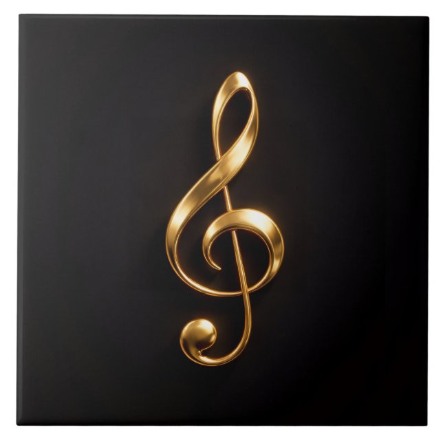 Black 4 Luxe Tile with Golden Treble Clef Fliese (Vorderseite)