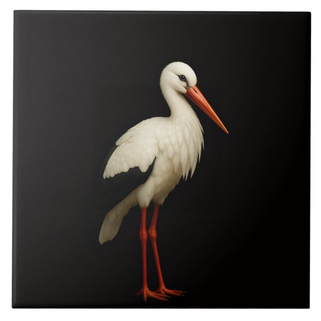 Black 4 Luxe Tile with Graceful White Stork Fliese (Vorderseite)