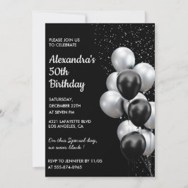 Black 50. Geburtstag Einladungen Balloons Silver