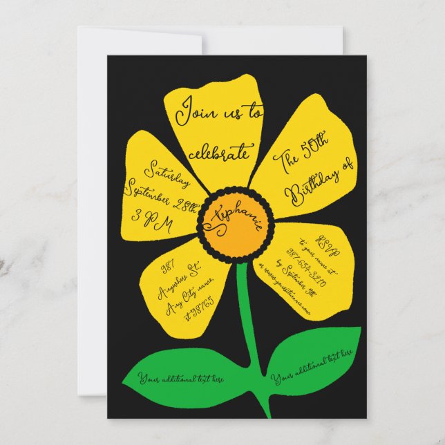 Black 50. Geburtstag Gold Doodle Blume Einladung (Vorderseite)