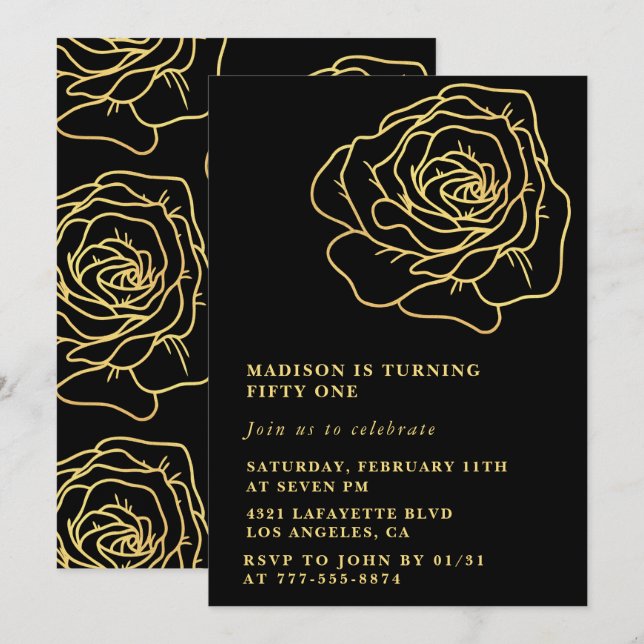 Black 51. Geburtstag Einladungen Gold Floral (Vorne/Hinten)