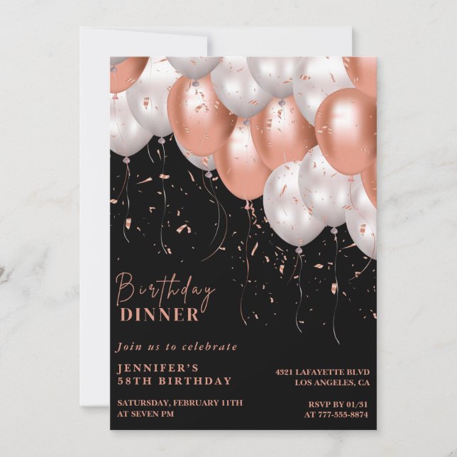 Black 58e anniversaire invitations or Rose rose (Devant)