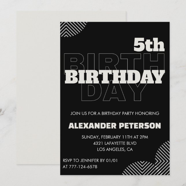 Black 5. Geburtstag Einladungen Party Boy (Vorne/Hinten)