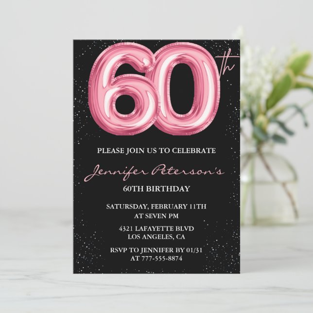 Black 60. Geburtstag Einladungen Balloon Glam Pink (Stehend Vorderseite)