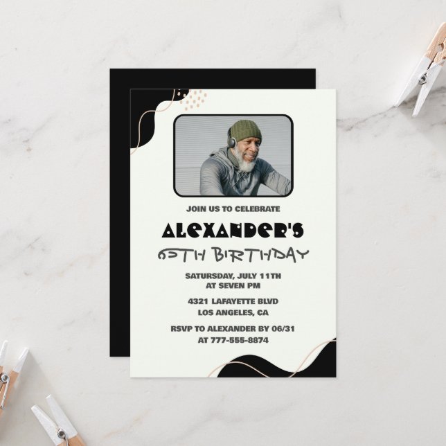 Black 65. Geburtstag Einladungen Männer Einfaches  (Vorderseite/Rückseite Beispiel)