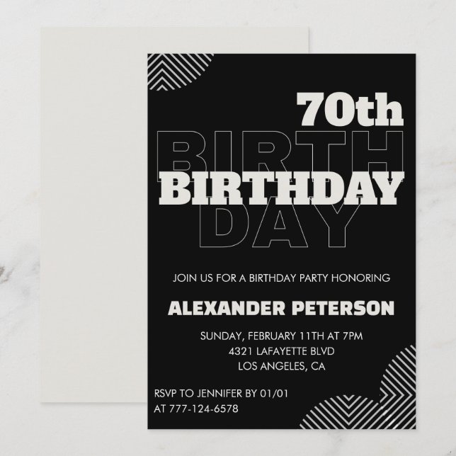 Black 70e anniversaire invitations Hommes Fête (Devant / Derrière)