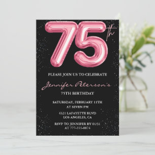 Black 75. Geburtstag Einladungen Balloon Glam Pink