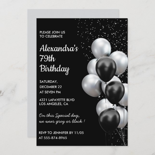 Black 79e anniversaire invitations Ballons Argent (Devant / Derrière)