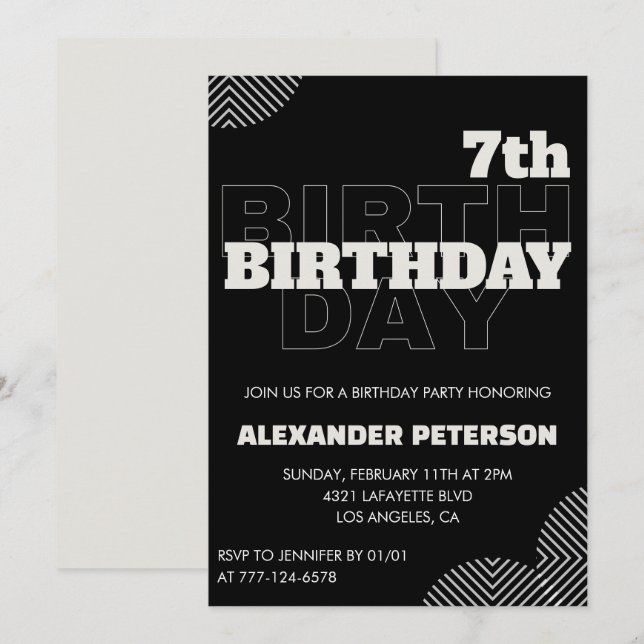 Black 7. Geburtstag Einladungen Party Boy (Vorne/Hinten)
