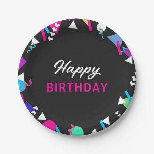 Black 80er Muster Birthday Paper Plate Pappteller