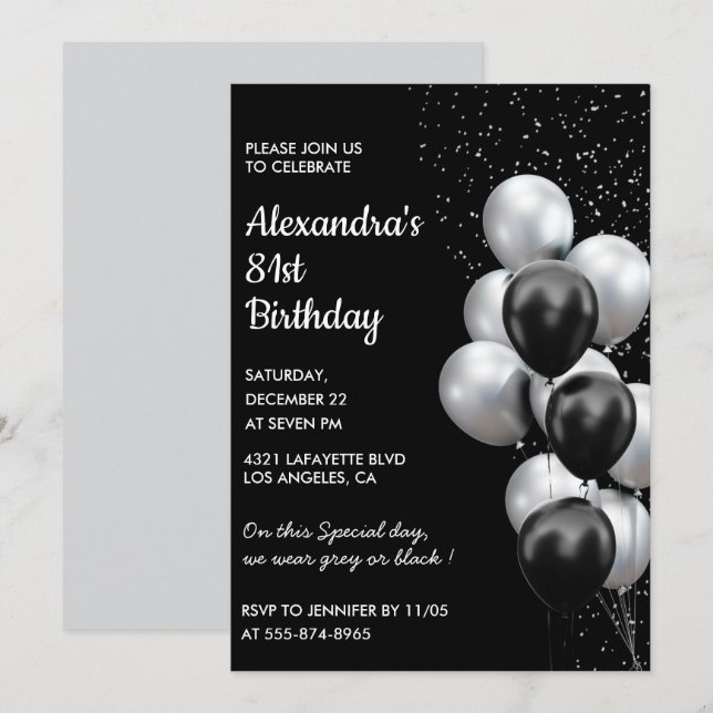 Black 81. Geburtstagseinladungen Balloons Silver Einladung (Vorne/Hinten)
