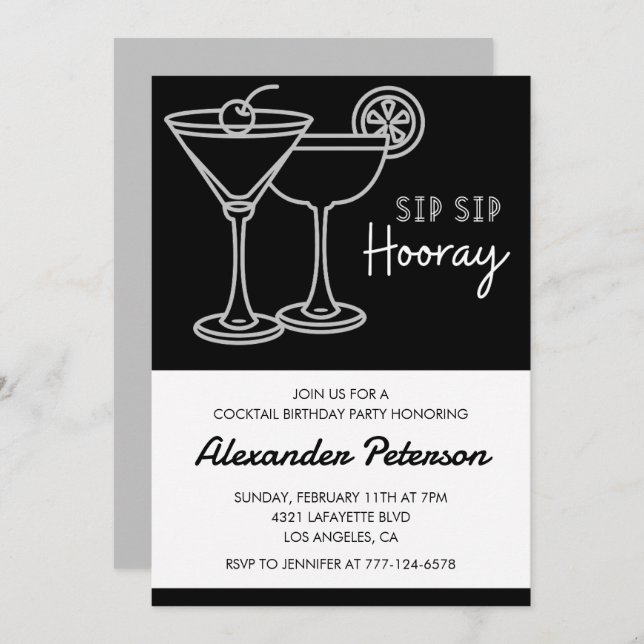 Black 90th Birthday Invitation Cocktail Élégant (Devant / Derrière)
