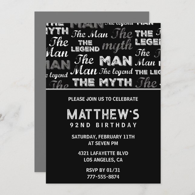 Black 92e anniversaire invitation Funny Myth Legen (Devant / Derrière)