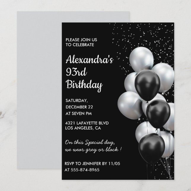 Black 93e anniversaire invitations Ballons Argent (Devant / Derrière)