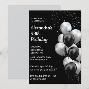 Black 99. Geburtstag Einladungen Balloons Silver