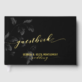 Black Acanthus Leaf Gold Script Elegante Hochzeit Gästebuch
