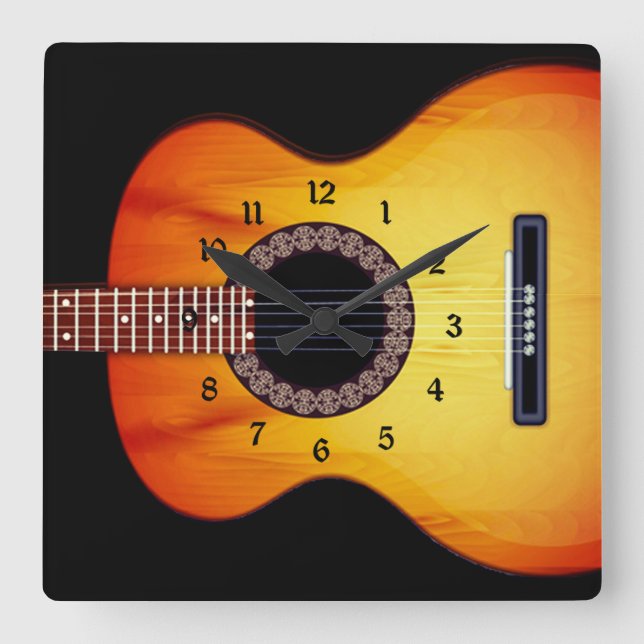 Black Acoustic Guitar Quadratische Wanduhr (Vorderseite)