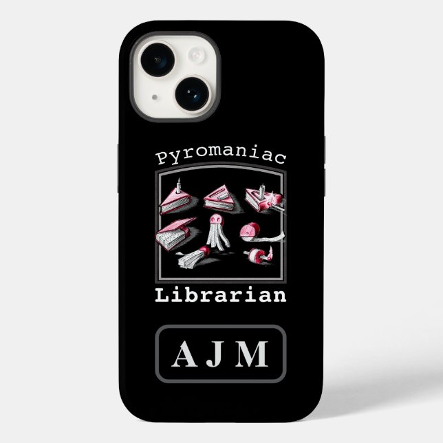 Black Add Initials Pyromaniac Librarian Sketched Case-Mate iPhone 14 Hülle (Rückseite)
