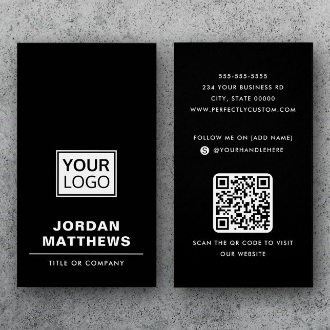 Black add Logo Social Media QR Code Visitenkarte (Black add logo social media QR code business card)