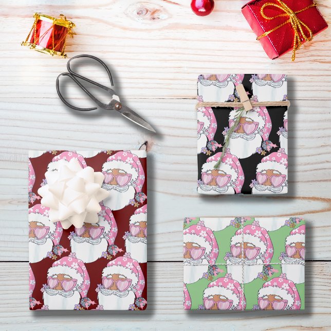 Black African American Santa Face Pink Weihnachten Geschenkpapier Set (Von Creator hochgeladen)
