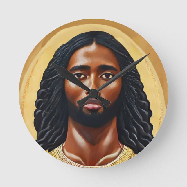 Black African Jesus Christ Religious Art Runde Wanduhr (Vorderseite)