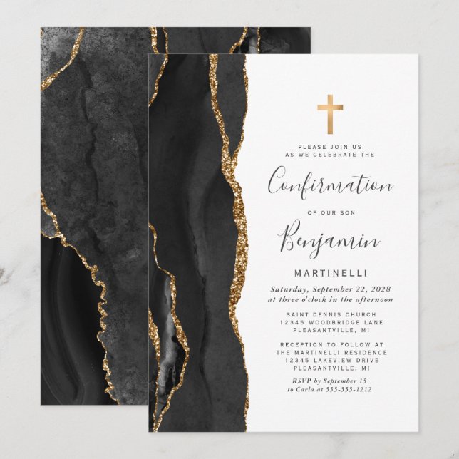 Black Agate Gold Glitzer Bestätigung Einladung (Vorne/Hinten)