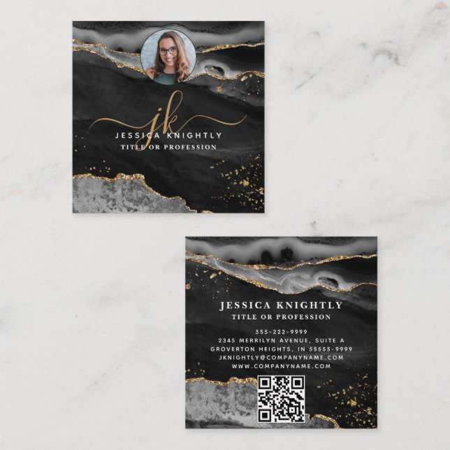 Black Agate Gold Glitzer Script Foto QR Quadratische Visitenkarte (Vorne/Hinten)