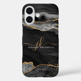 Black Agate Gold Glitzer Script Monogram iPhone 16 Hülle