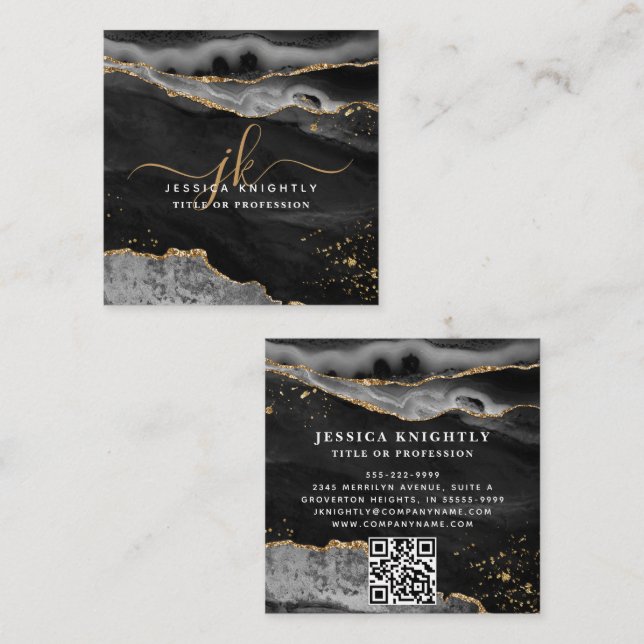 Black Agate Gold Glitzer Script Monogram QR Quadratische Visitenkarte (Vorne/Hinten)