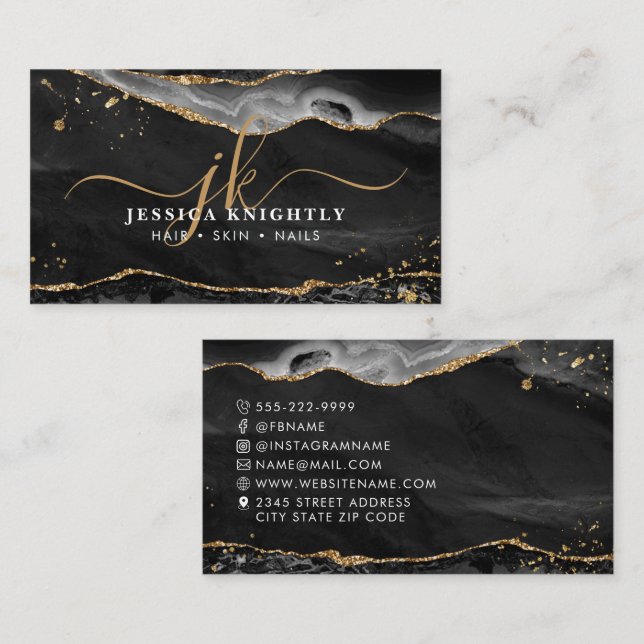 Black Agate Gold Glitzer Script Monogram Visitenkarte (Vorne/Hinten)