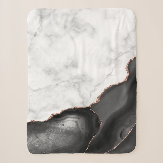 Black Agate Rose Gold Glitzer aus weißem Marmor Sherpadecke (Vorderseite)