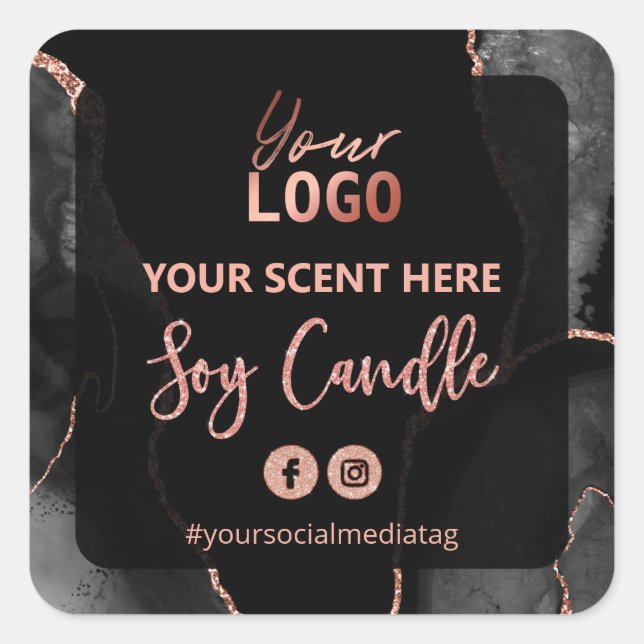 Black Agate Rose Gold Glitzer Soy Candle Labels Quadratischer Aufkleber (Vorderseite)