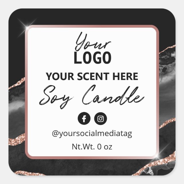 Black Agate Rose Gold Soy Candle Labels Quadratischer Aufkleber (Vorderseite)