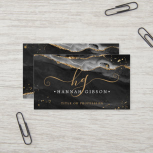 Black Agate Script Monogram Imitate Gold Glitzer Visitenkarte